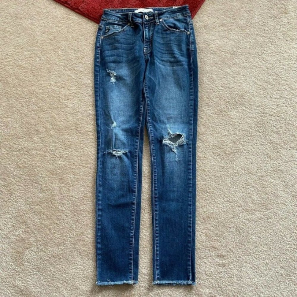 KanCan Juniors W3 25 Distressed Hole Skinny Crop Ankle Denim Jeans Fringe Hems
